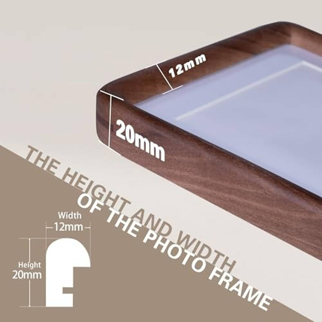 Close-up of walnut wood photo frame profile with width and height measurements on edge