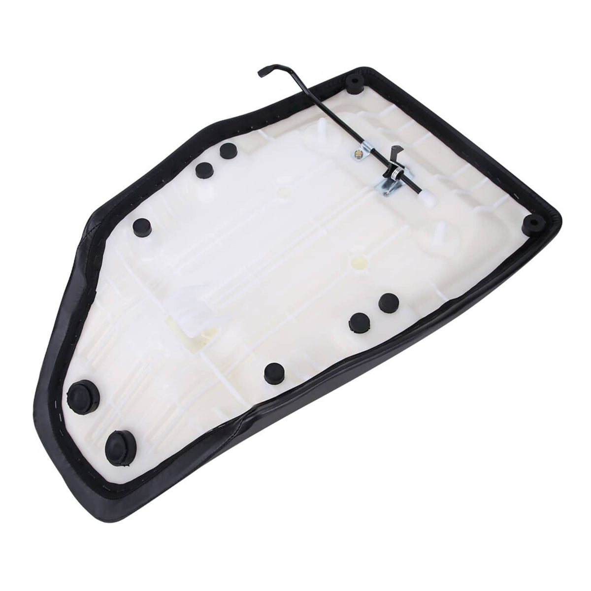 ATV seat underside in white panel with black trim and mounting holes