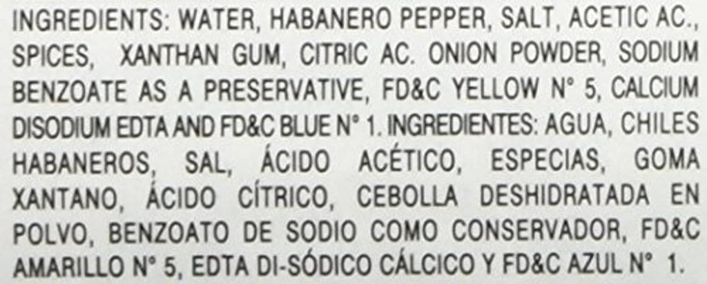 Ingredients list for habanero hot sauce bottle