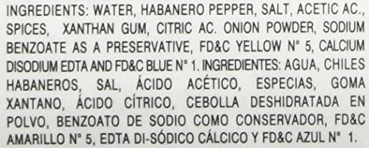 Ingredients list for habanero hot sauce bottle
