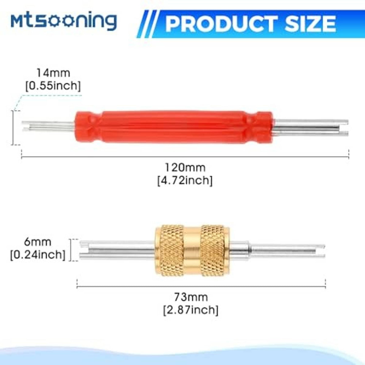 AC valve core tools: red handle tool and brass handle tool with dimension lines