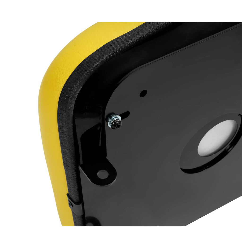 Tractor seat mounting bracket with bolts on yellow-and-black base