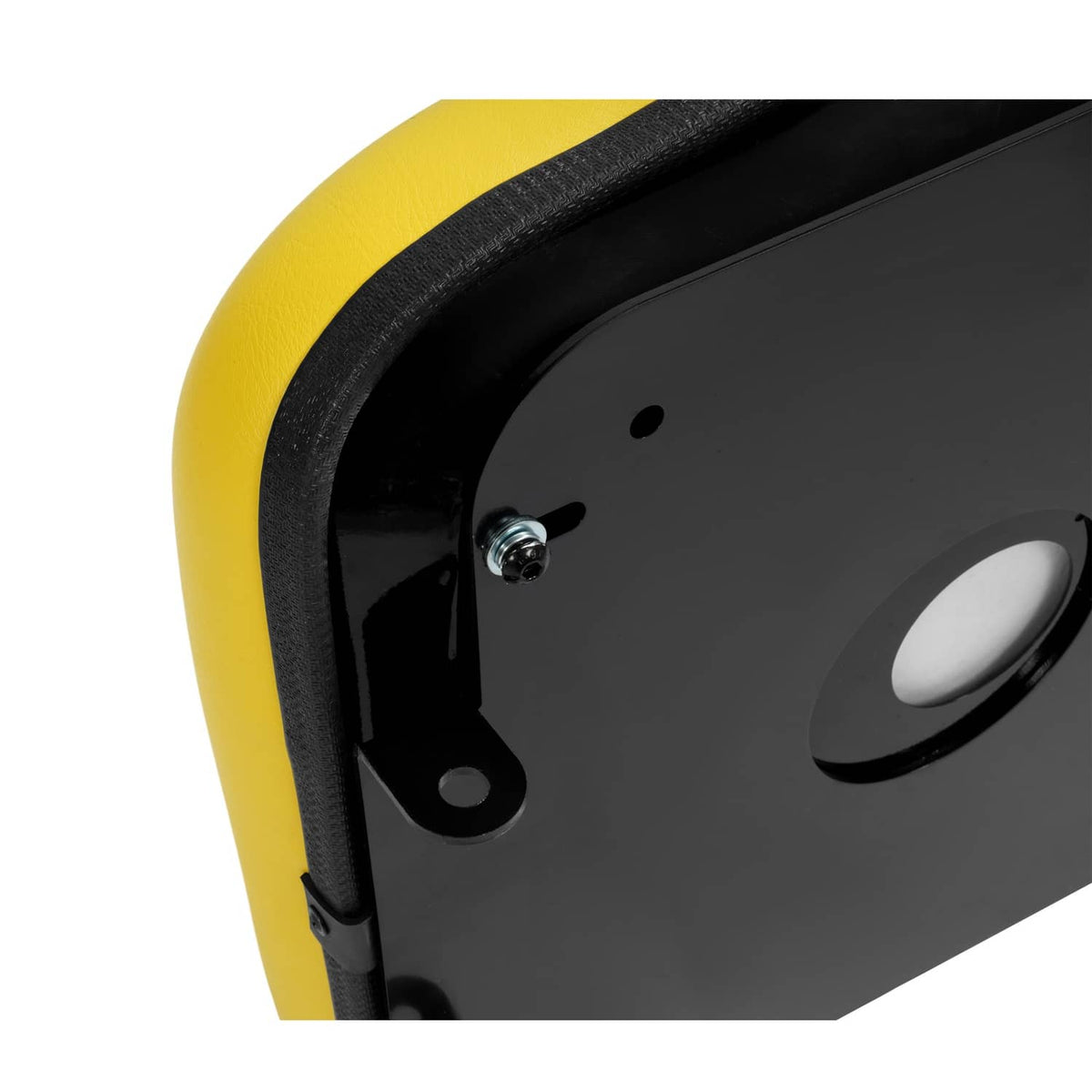 Tractor seat mounting bracket with bolts on yellow-and-black base