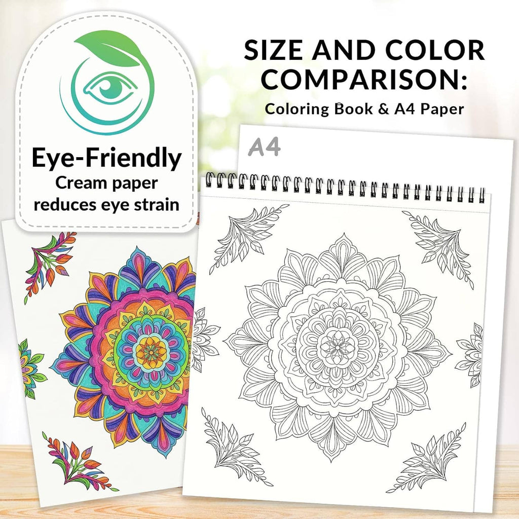 Adult coloring book page set with A4-size mandala designs and eye-friendly logo