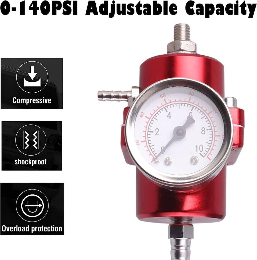 Red adjustable fuel pressure regulator with analog gauge and metal mounting bracket