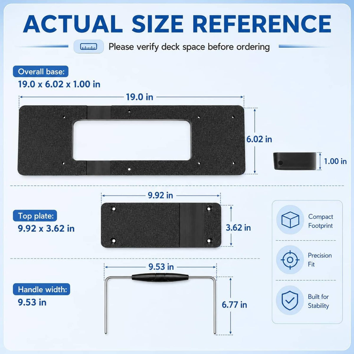 Black quick-release bracket with rectangular cutout, shown with size diagram
