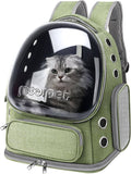 Large green cat backpack carrier with clear bubble window and front zip pocket