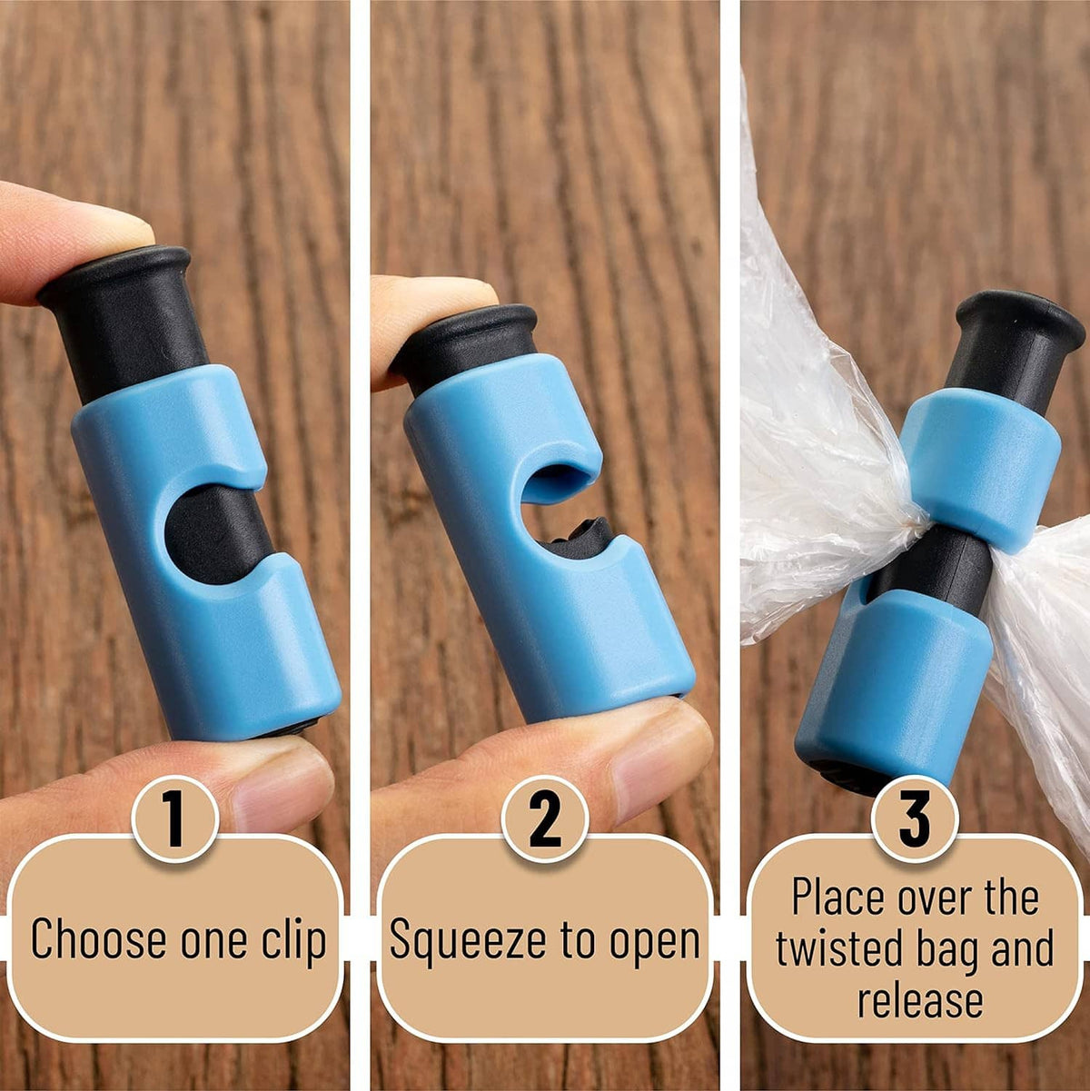 Blue squeeze-lock bread bag clip, shown being squeezed to open and release bag tie.