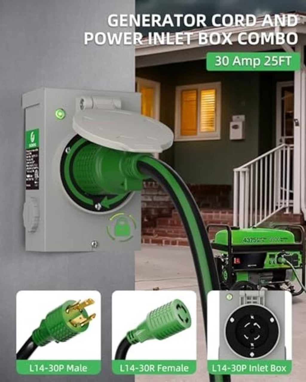 Generator power inlet box on exterior wall with green 25 ft generator cord