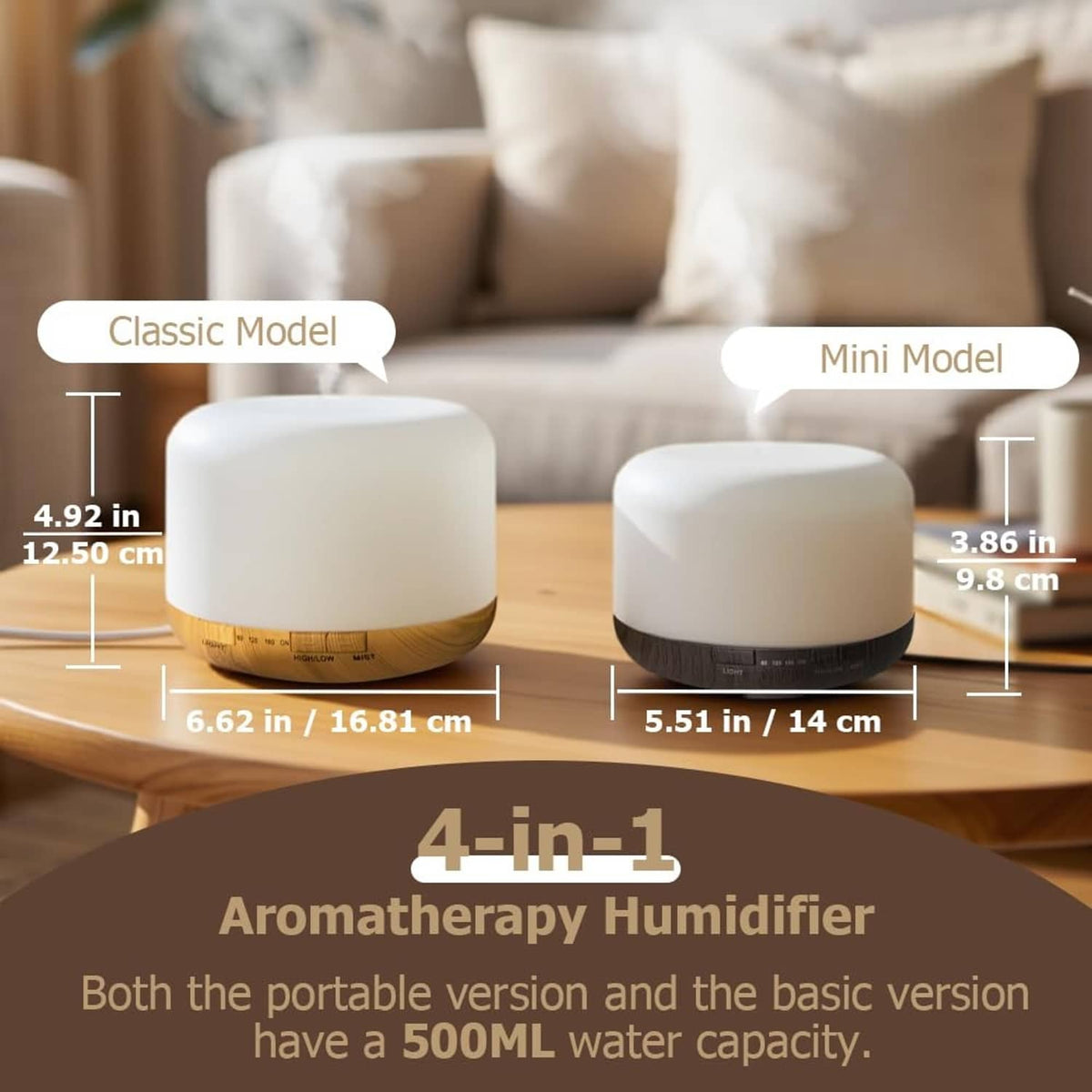 Essential oil diffuser set showing classic and mini sizes with light wood bases