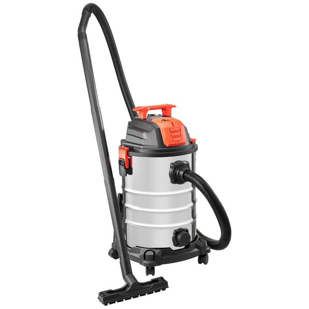 Wet/dry vacuum cleaner with black hose and floor nozzle, orange top