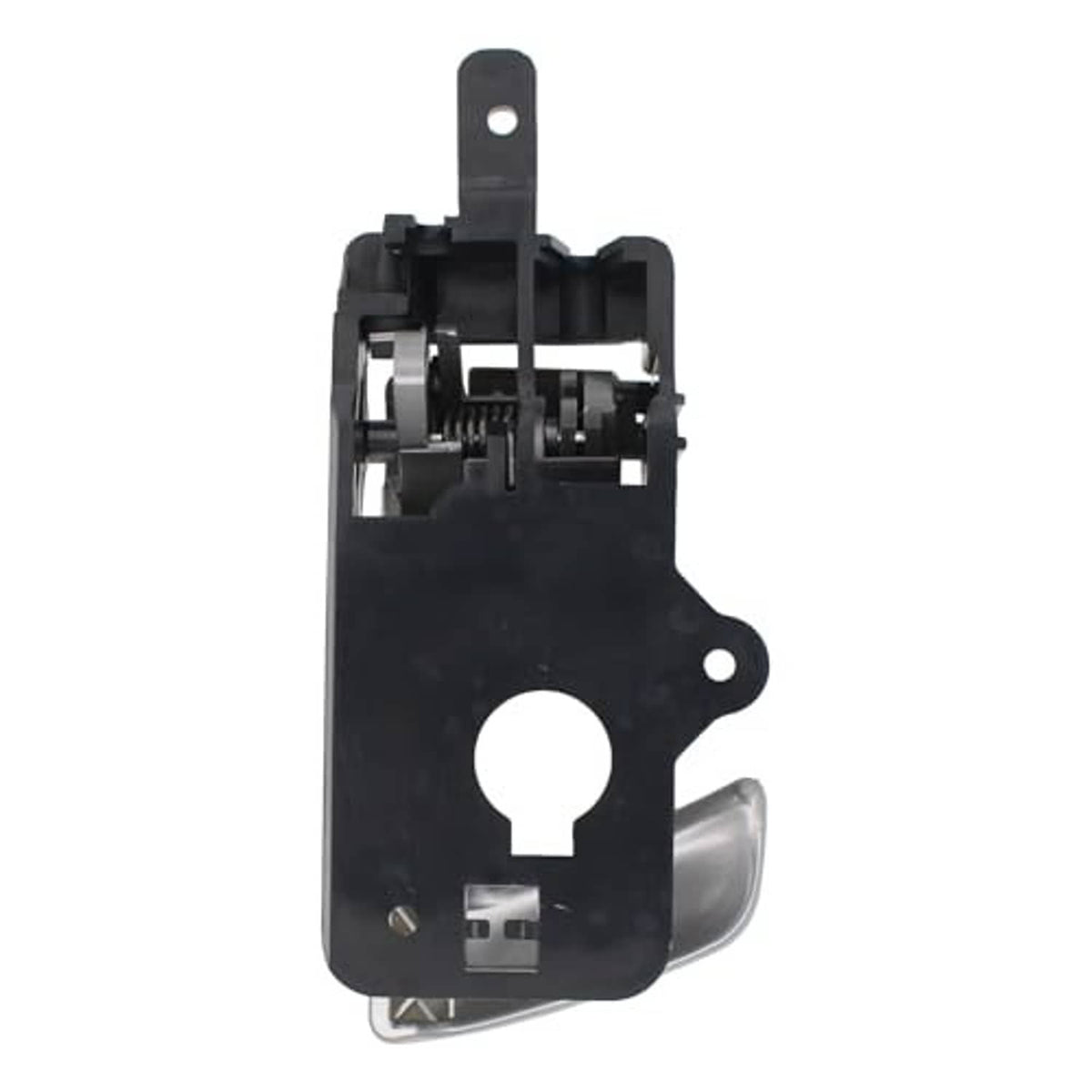 Interior door handle latch assembly with black housing and gray handle cover.
