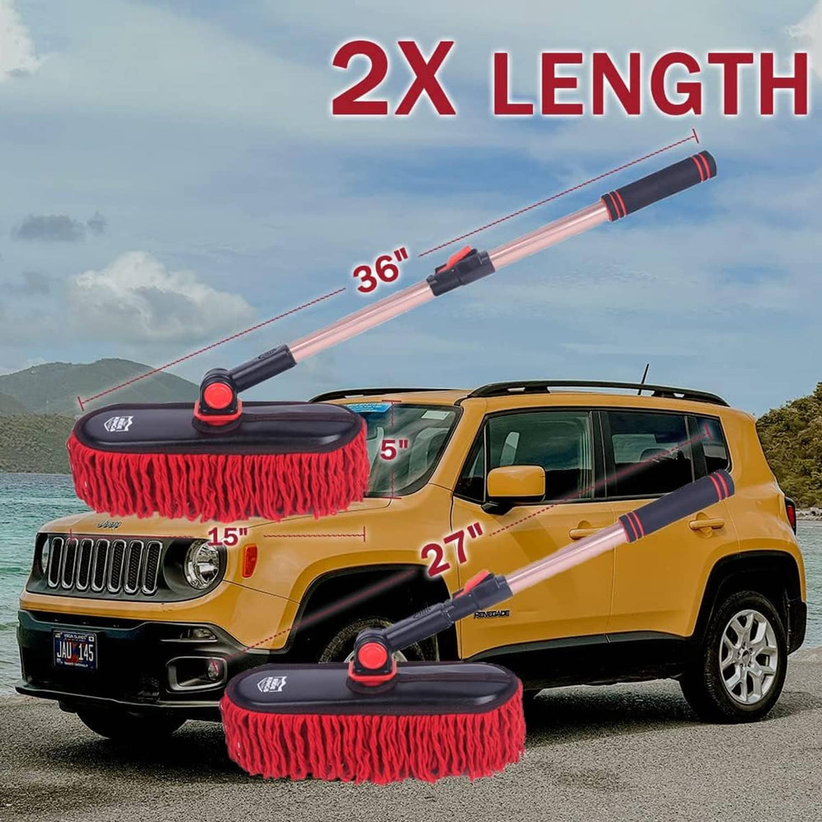 Extendable car duster with two red microfiber brush heads and telescoping rods