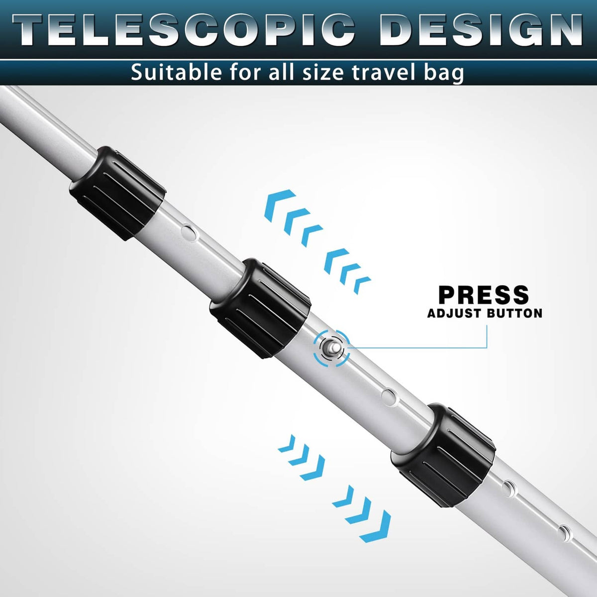 Golf travel bag support rod with black adjustment collar and telescopic silver shaft