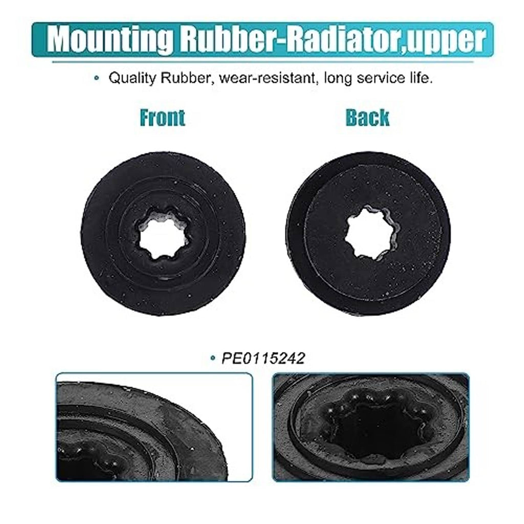 Two black rubber radiator mounting bushings, front and back views, circular.