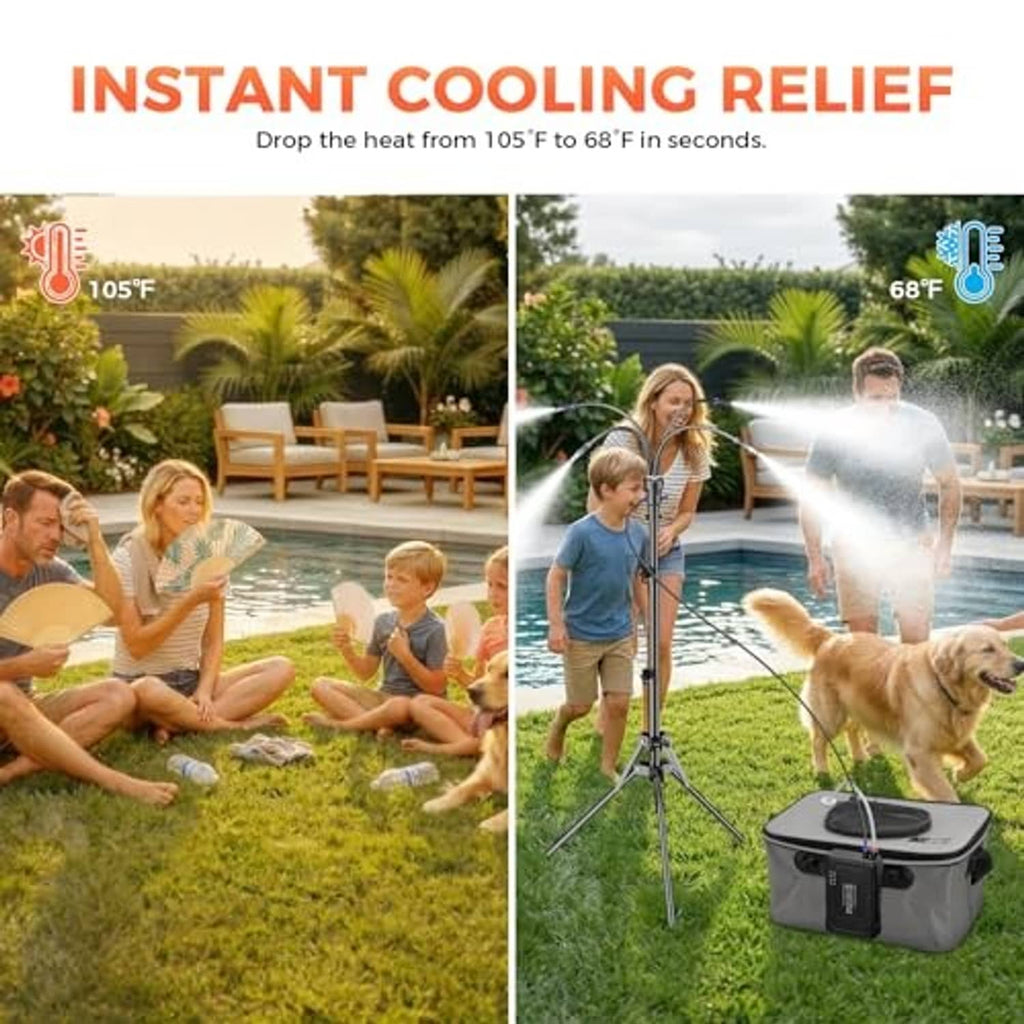 Tripod misting stand with gray cooler, spraying mist near poolside