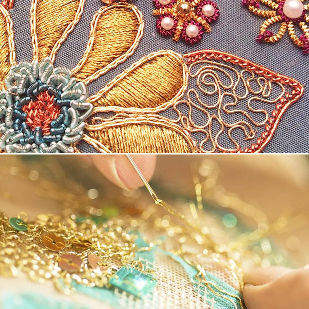 Metallic thread embroidery stitches on fabric with gold and silver tones