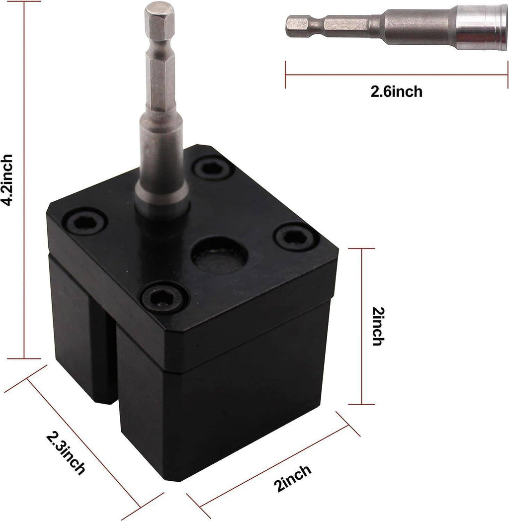 Black sheet metal crimper block with steel drive bit and size dimensions shown