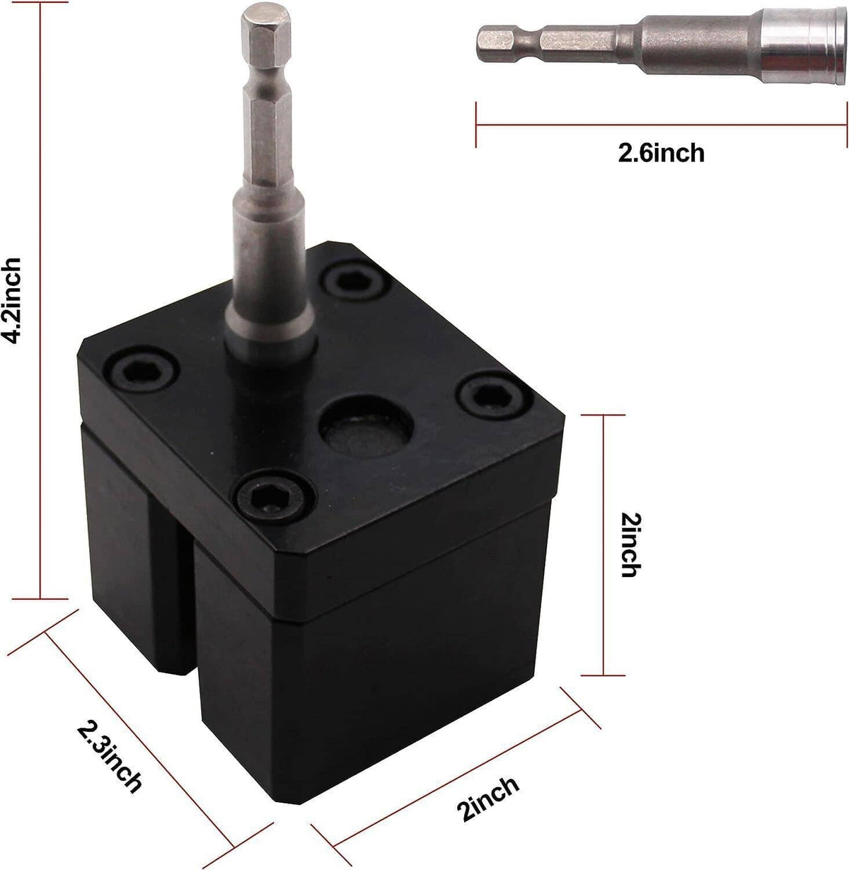 Black sheet metal crimper block with steel drive bit and size dimensions shown