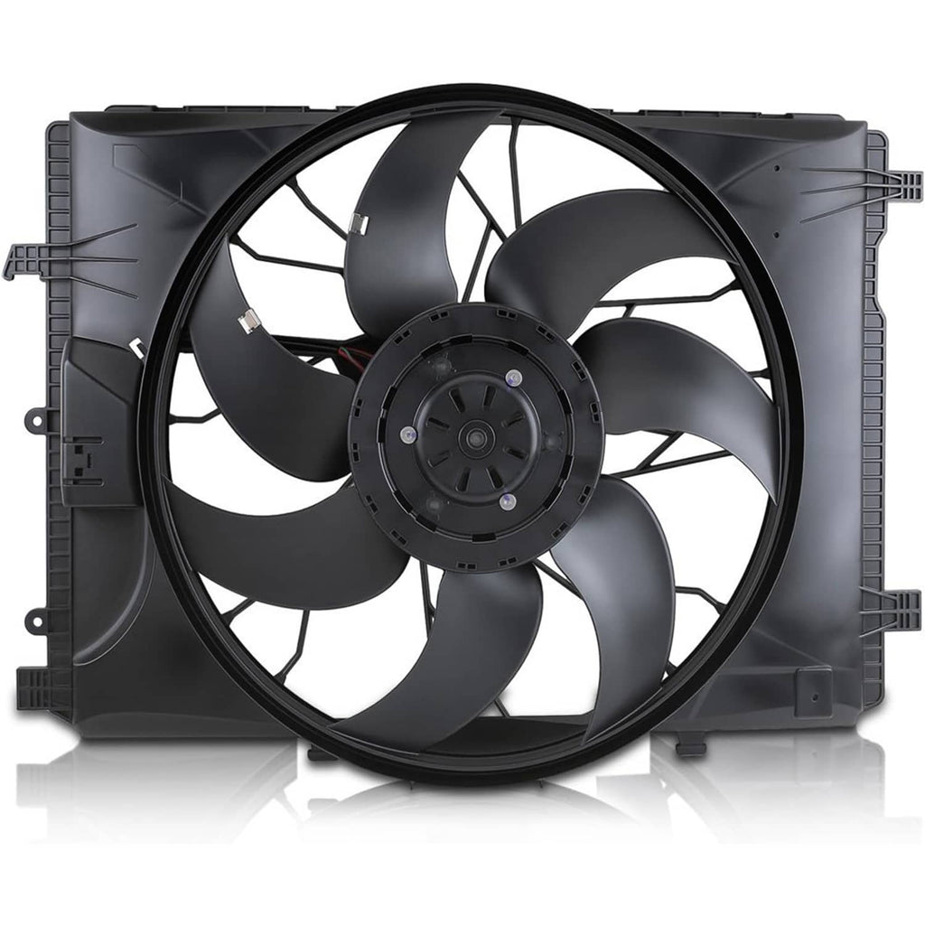 Radiator cooling fan with large black circular fan and black plastic radiator shroud.