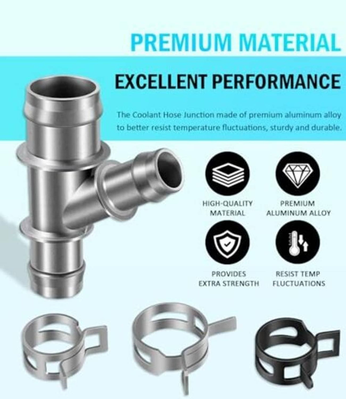 Aluminum coolant hose junction with branch outlet and three hose clamps, silver with black clamps