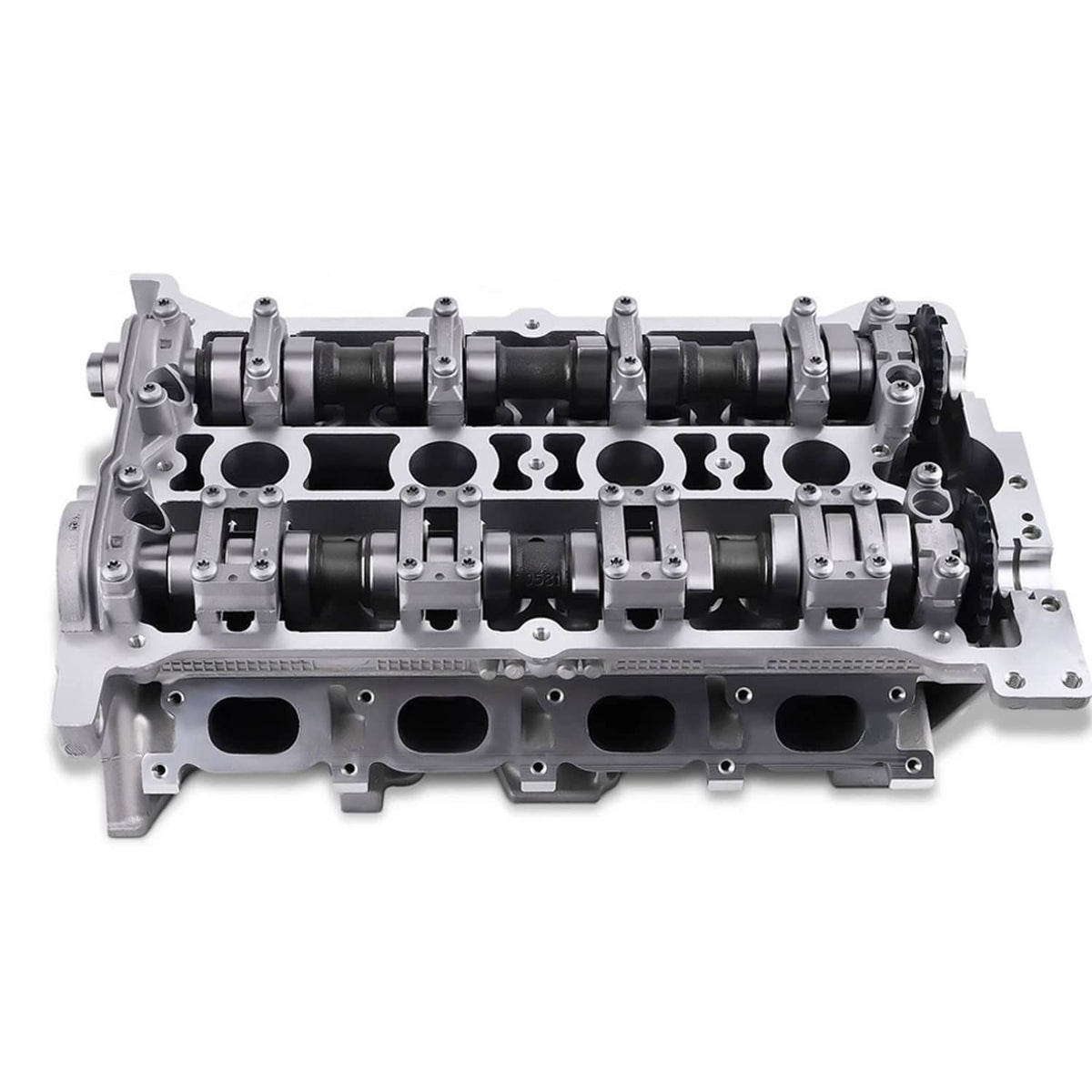 Aluminum alloy cylinder head with exposed rocker arms and camshaft, silver machined