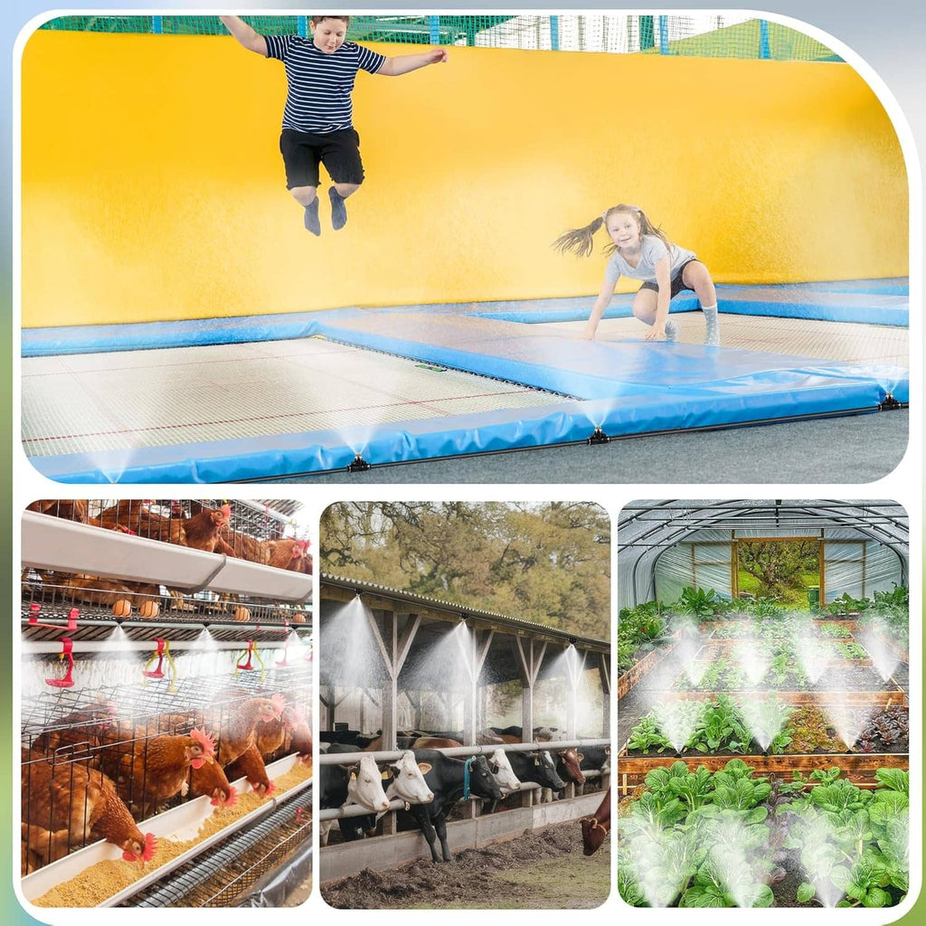 Cooling mist spray over outdoor trampoline and farm-like displays with multiple jets