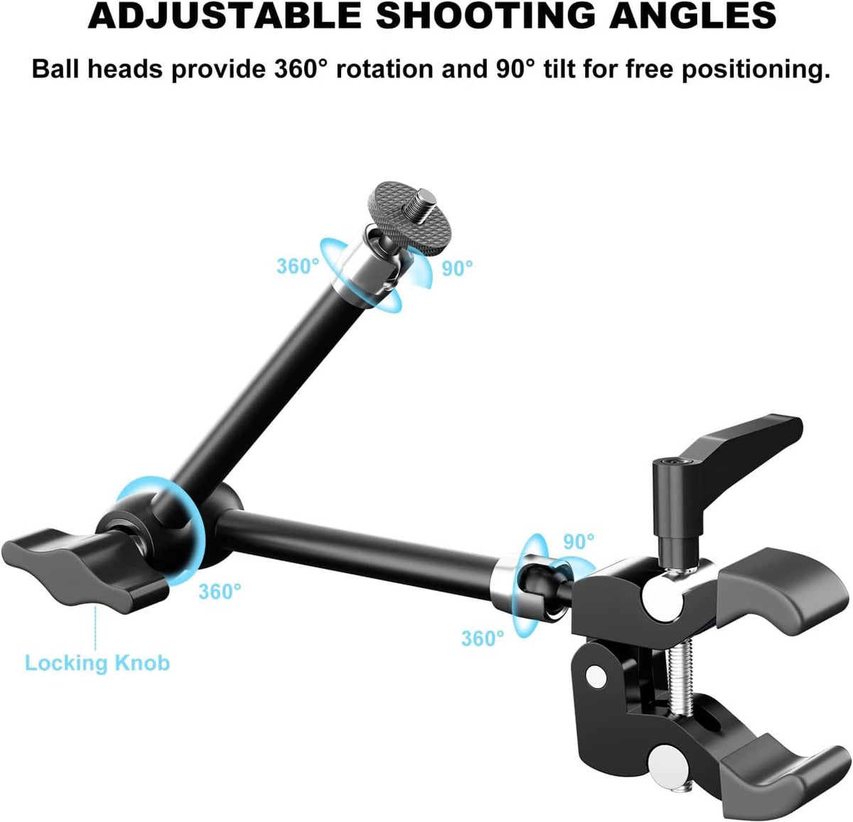 Black articulated arm clamp with ball head rotation and locking knob