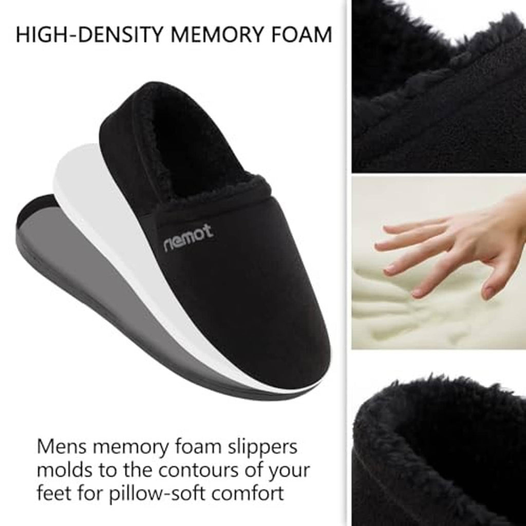 Black memory-foam moccasin slippers with white midsole trim and fuzzy interior.