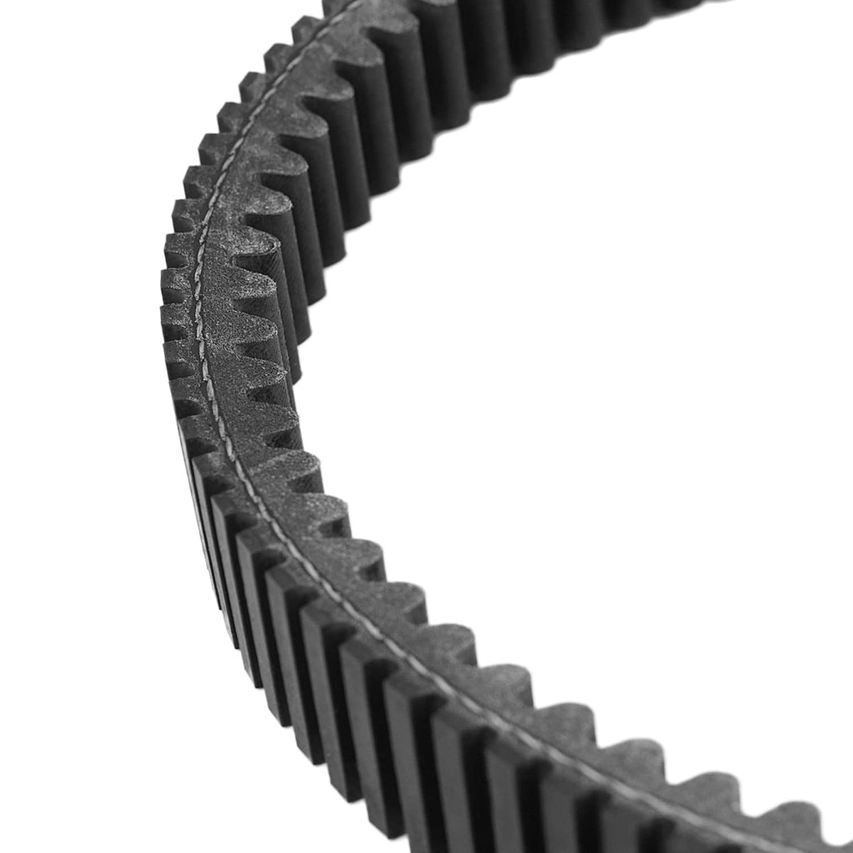 Close-up of black clutch drive belt edge with angled serrations and textured rubber backing