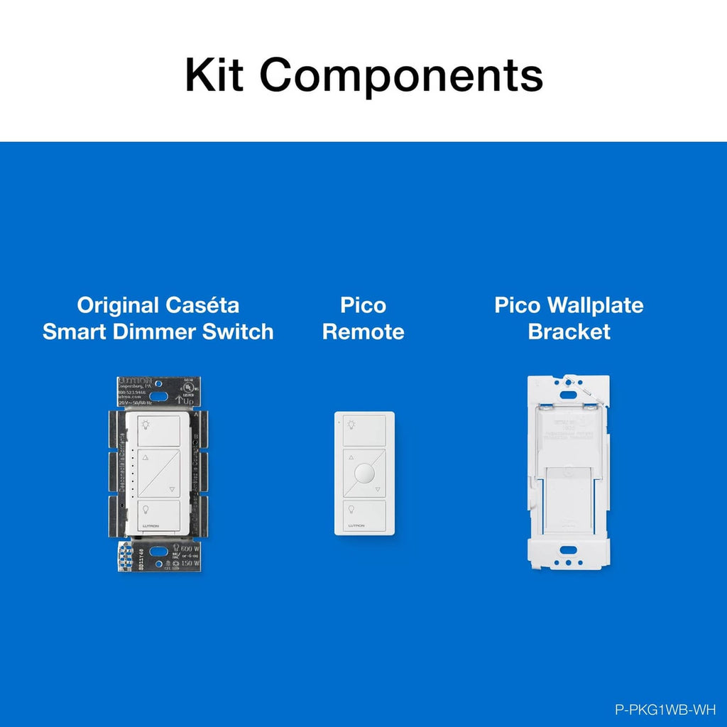 Kit components: Caseta smart dimmer switch, Pico remote, Pico wallplate bracket