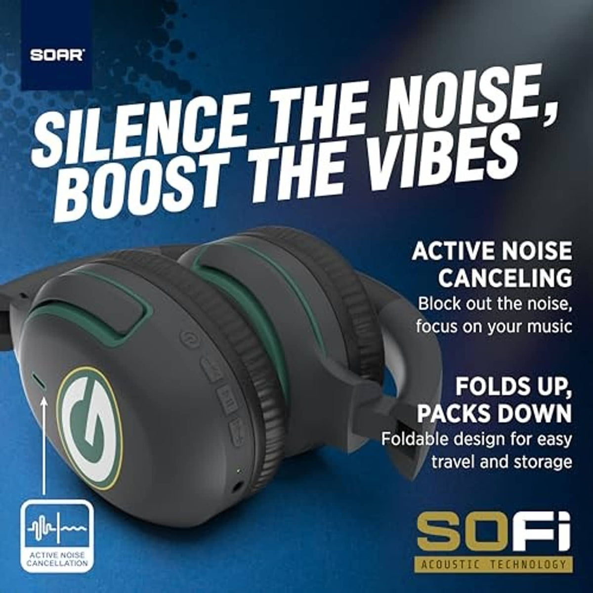 Dark gray over-ear active noise cancelling headphones with Packers G logo and green accents