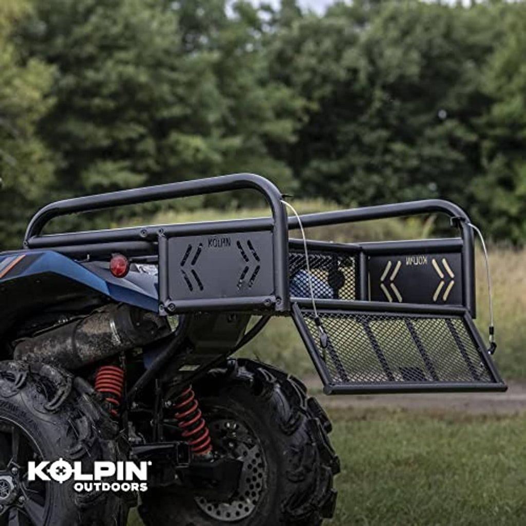 Black ATV rear drop basket rack mounted on ATV, mesh cargo deck and tubular rails