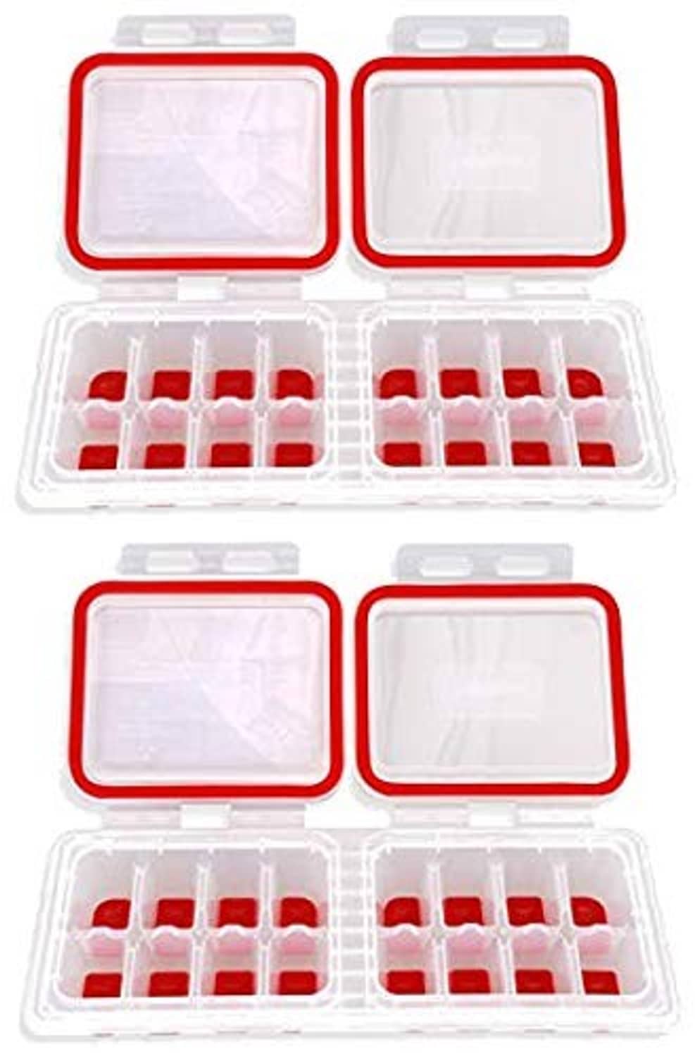 Ice cube tray with two attached water-tight lids, red seal edges, divided compartments.