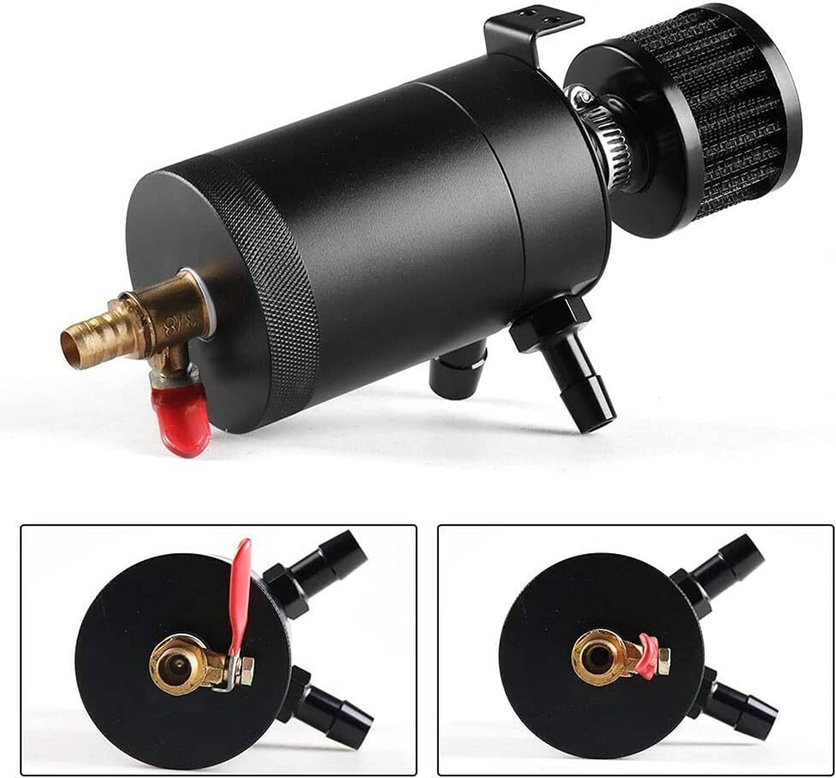 Black oil catch can with breather filter, drain valve, and barbed fittings