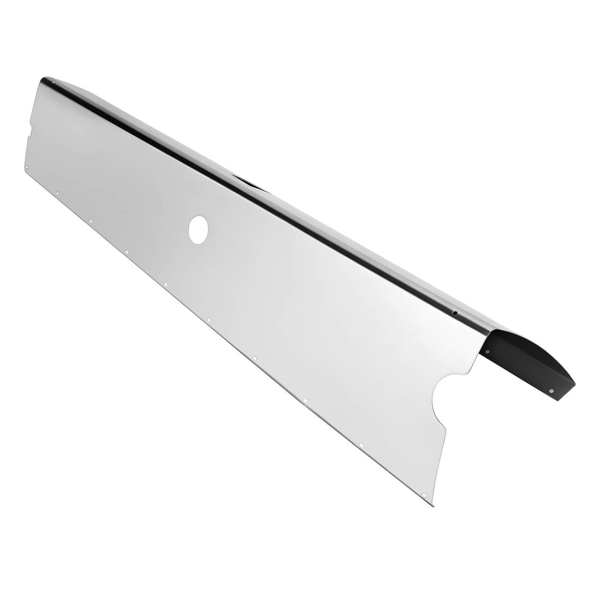 Silvery aluminum landing gear fairing panel with dark end cap and round hole