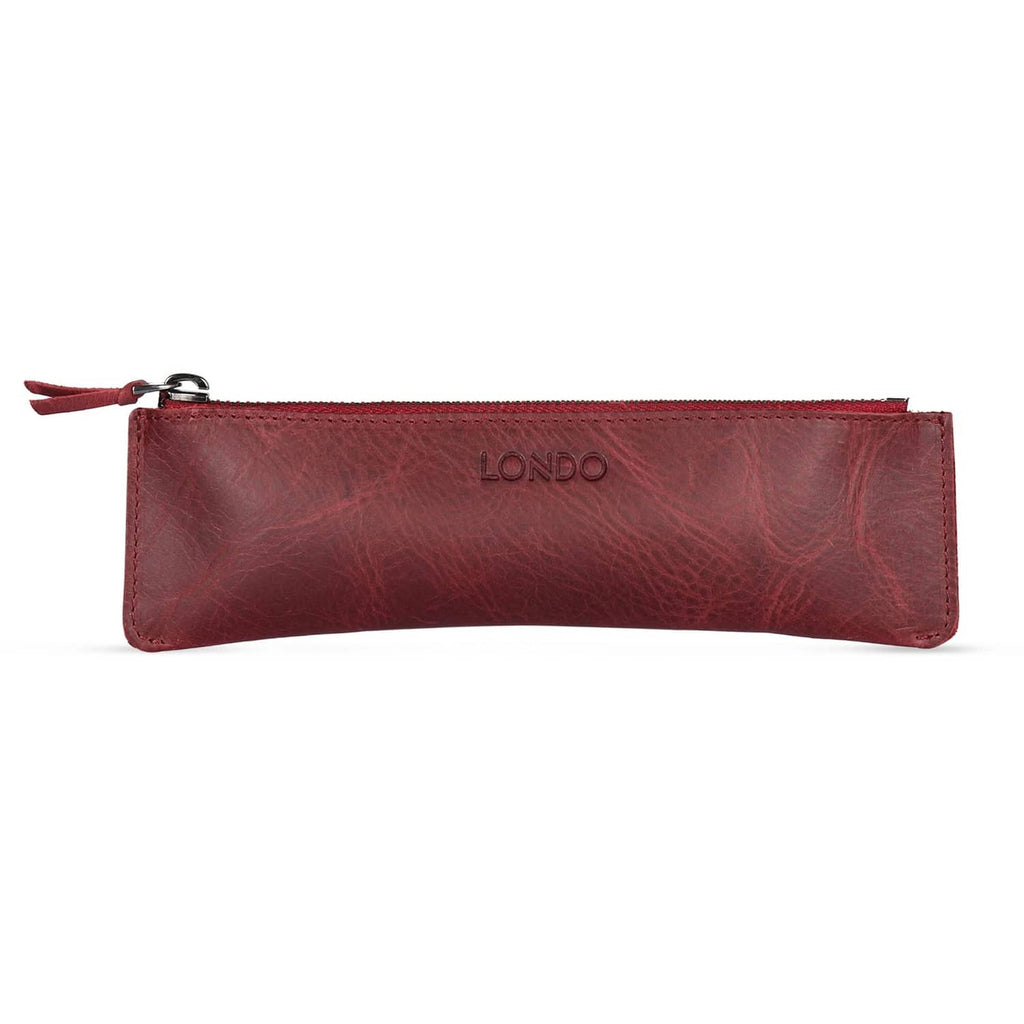 Londo maroon genuine leather pen case with zipper and tassel pull, embossed logo.