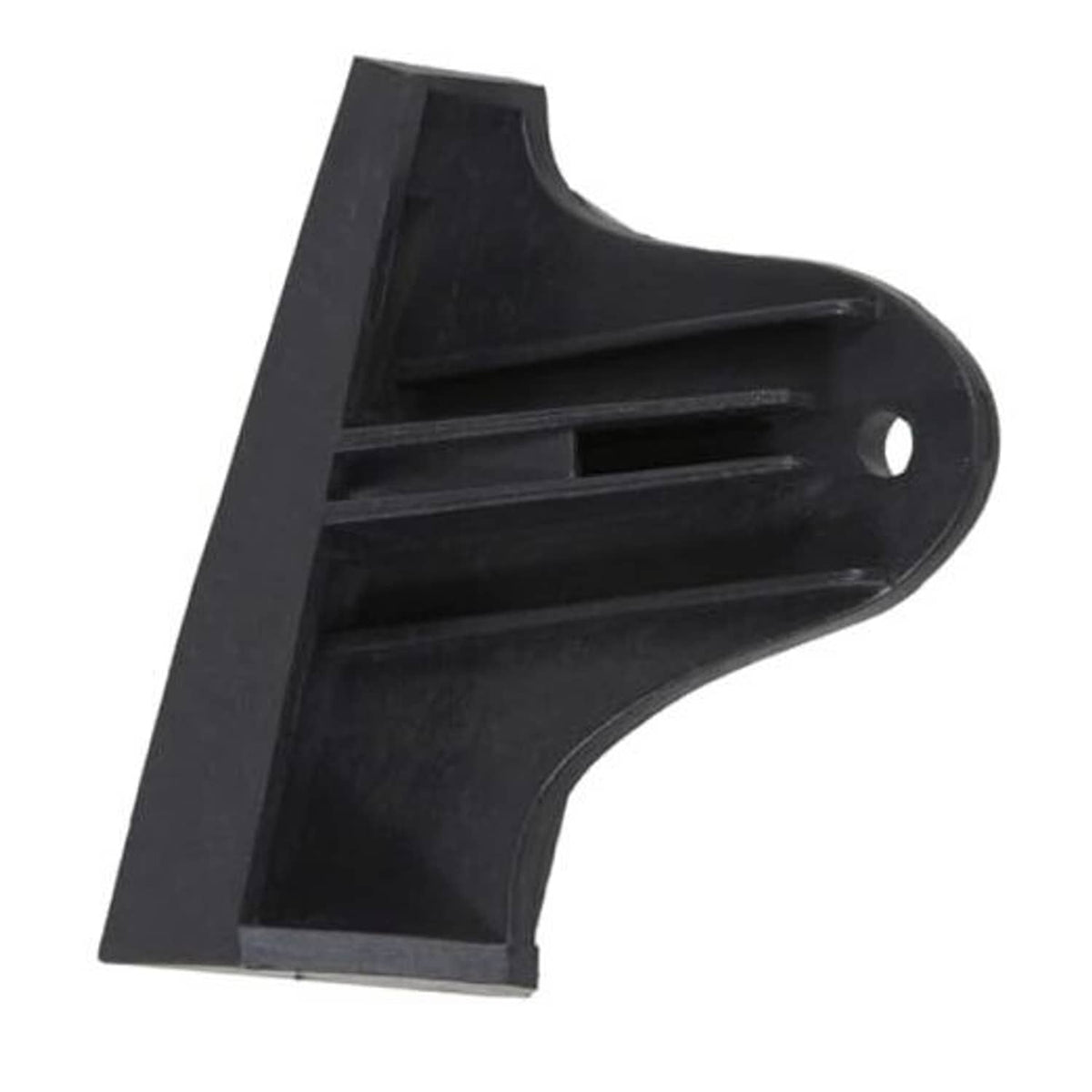 Black plastic driver-side seat trim panel bracket with mounting pin hole