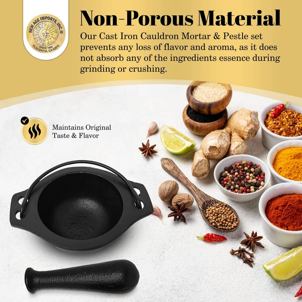 Black cast iron cauldron mortar with pestle, two-piece set