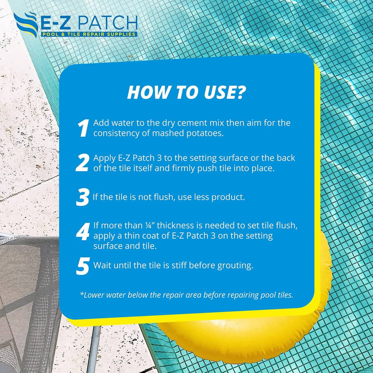 How-to-use steps card for E-Z Patch 3 pool tile setting cement