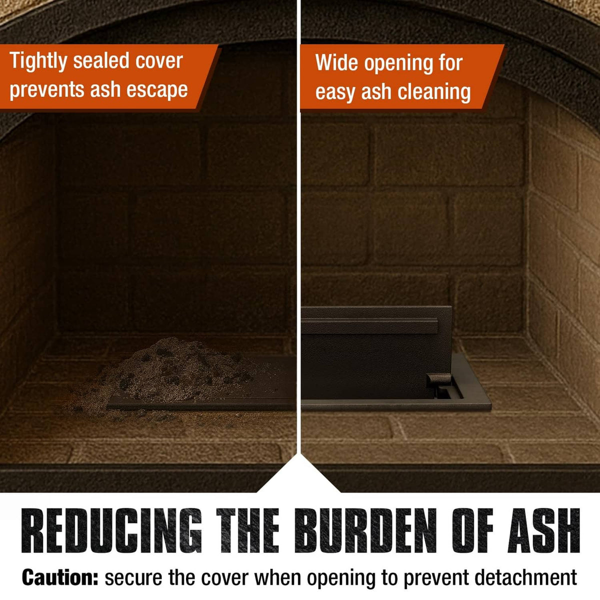 Blackish brown cast iron ash dump door with cover closed to contain ash