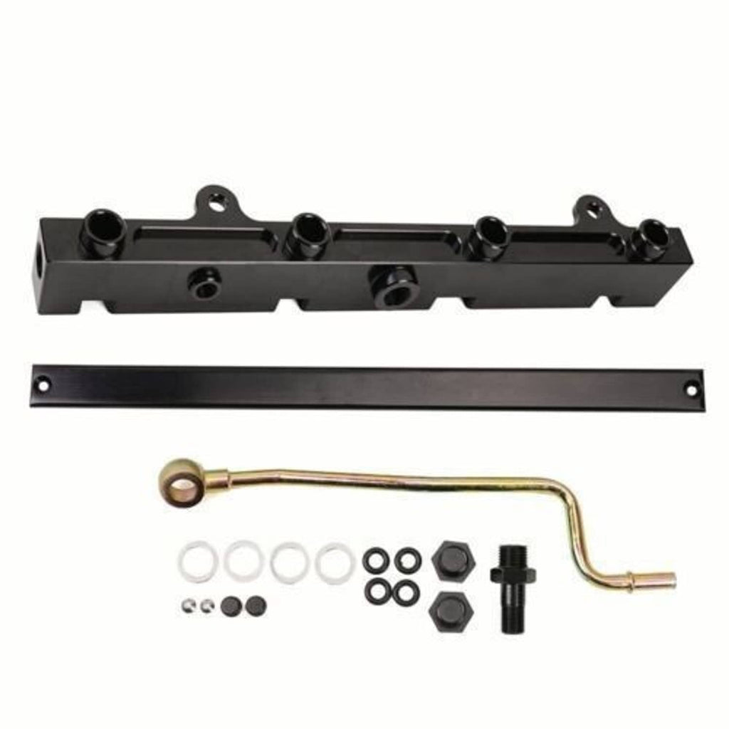 Black fuel rail mounting bracket set with copper pipe and small hardware pieces