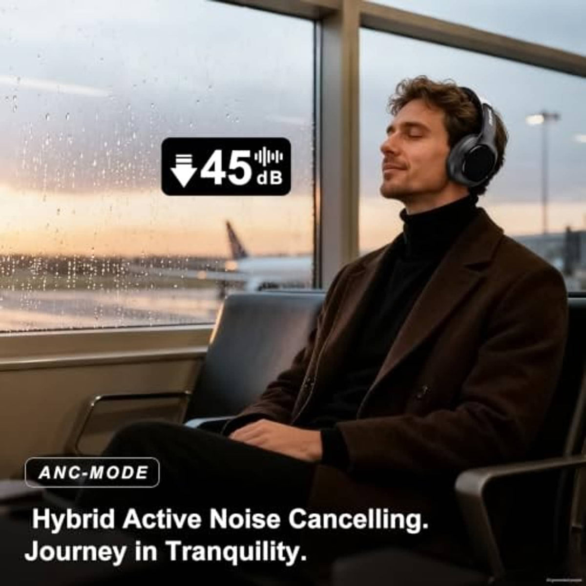 Black over-ear wireless noise cancelling headphones worn by a person, side profile