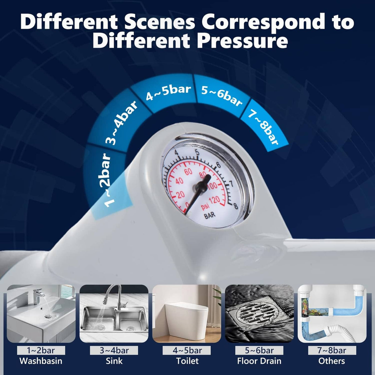 Gray toilet air plunger with built-in pressure gauge for selecting pressure ranges