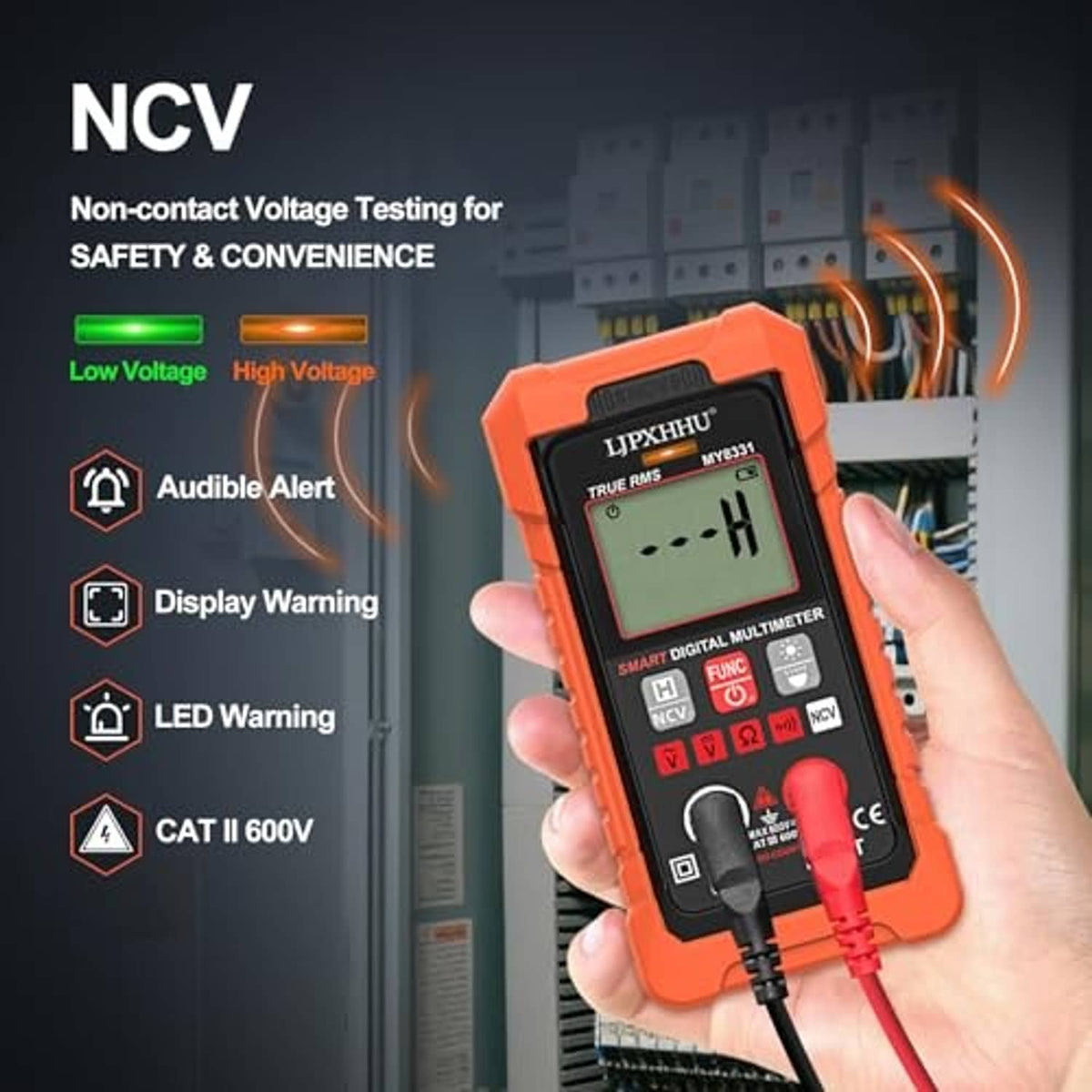 Orange digital multimeter held in hand for NCV non-contact voltage testing
