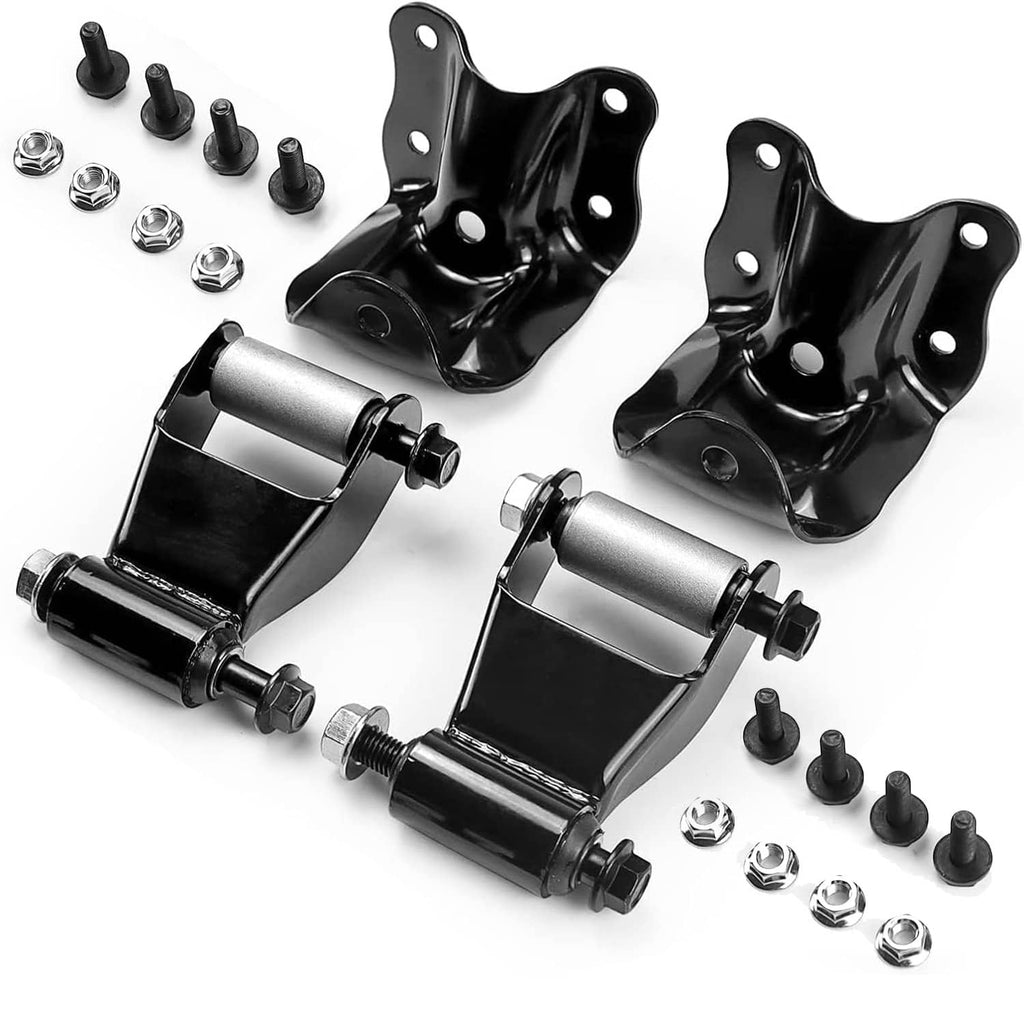 Black rear leaf spring hanger brackets with silver shackles and bolt, nut, washer set