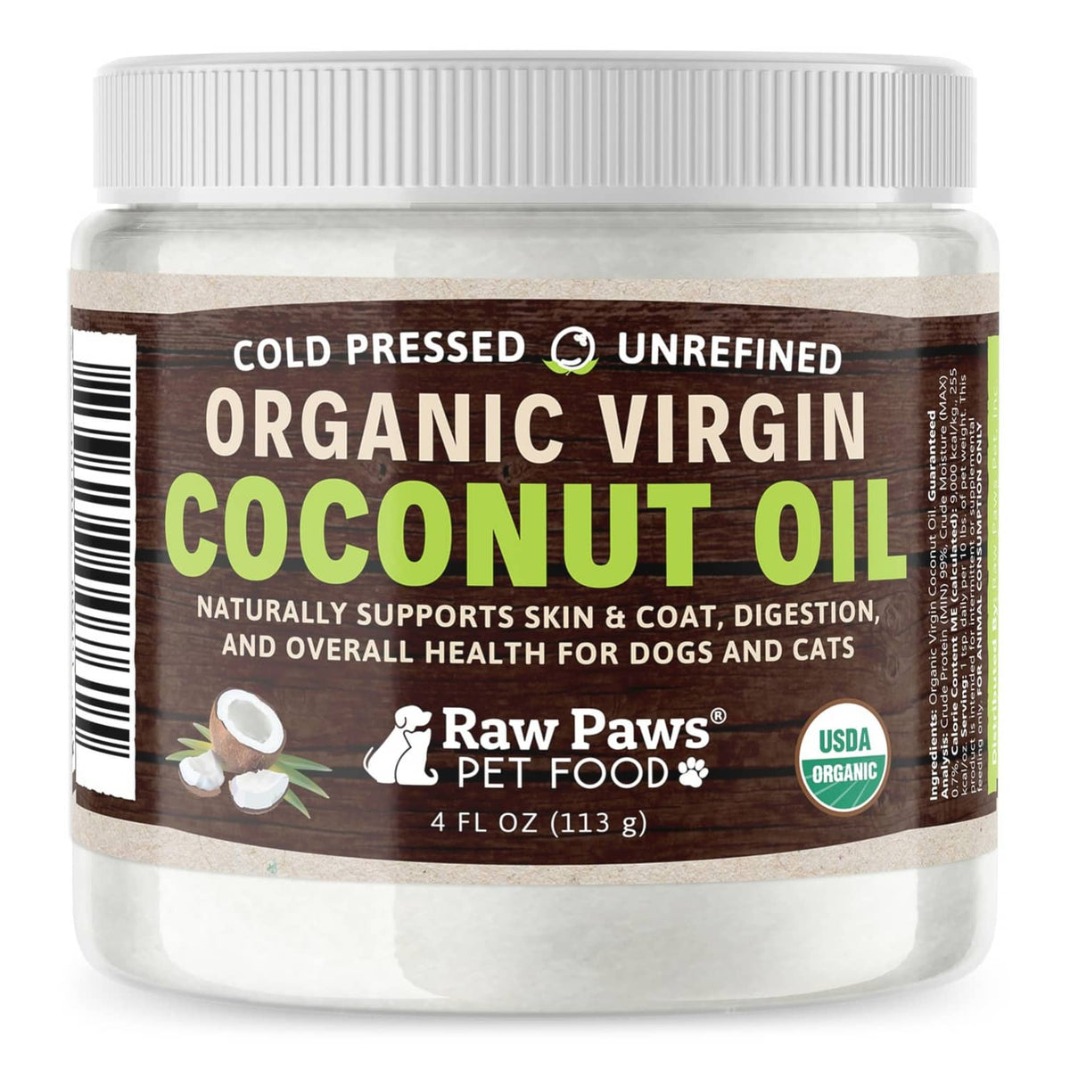 Organic virgin coconut oil jar for pets, cold-pressed unrefined, 4 oz