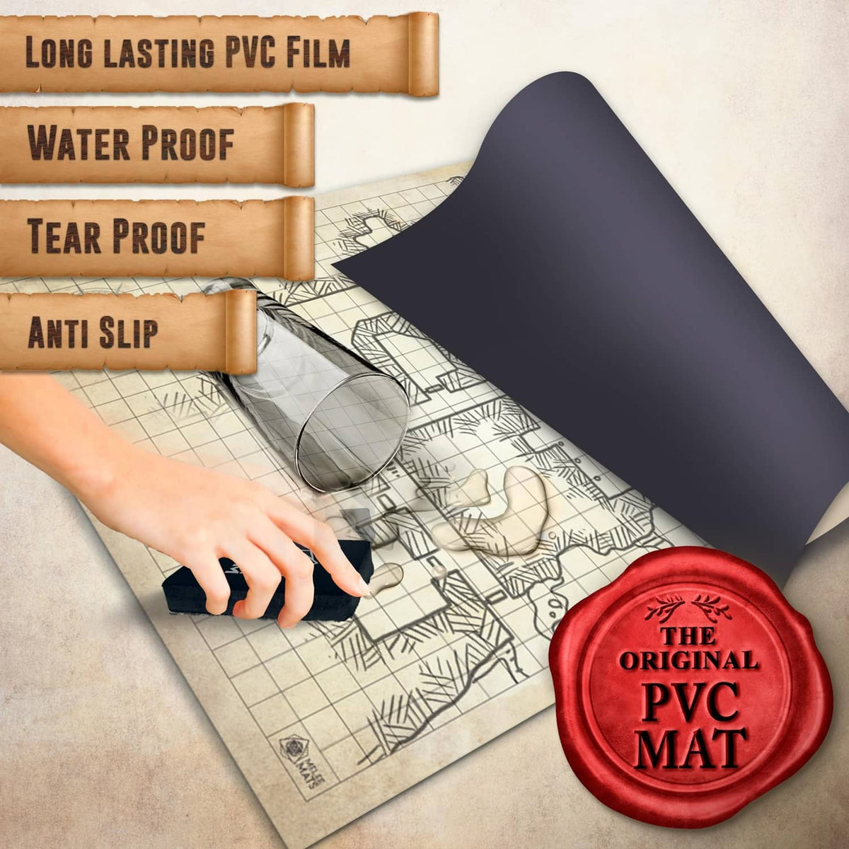 Folded grid gaming mat with waterproof, tear-proof, anti-slip PVC surface