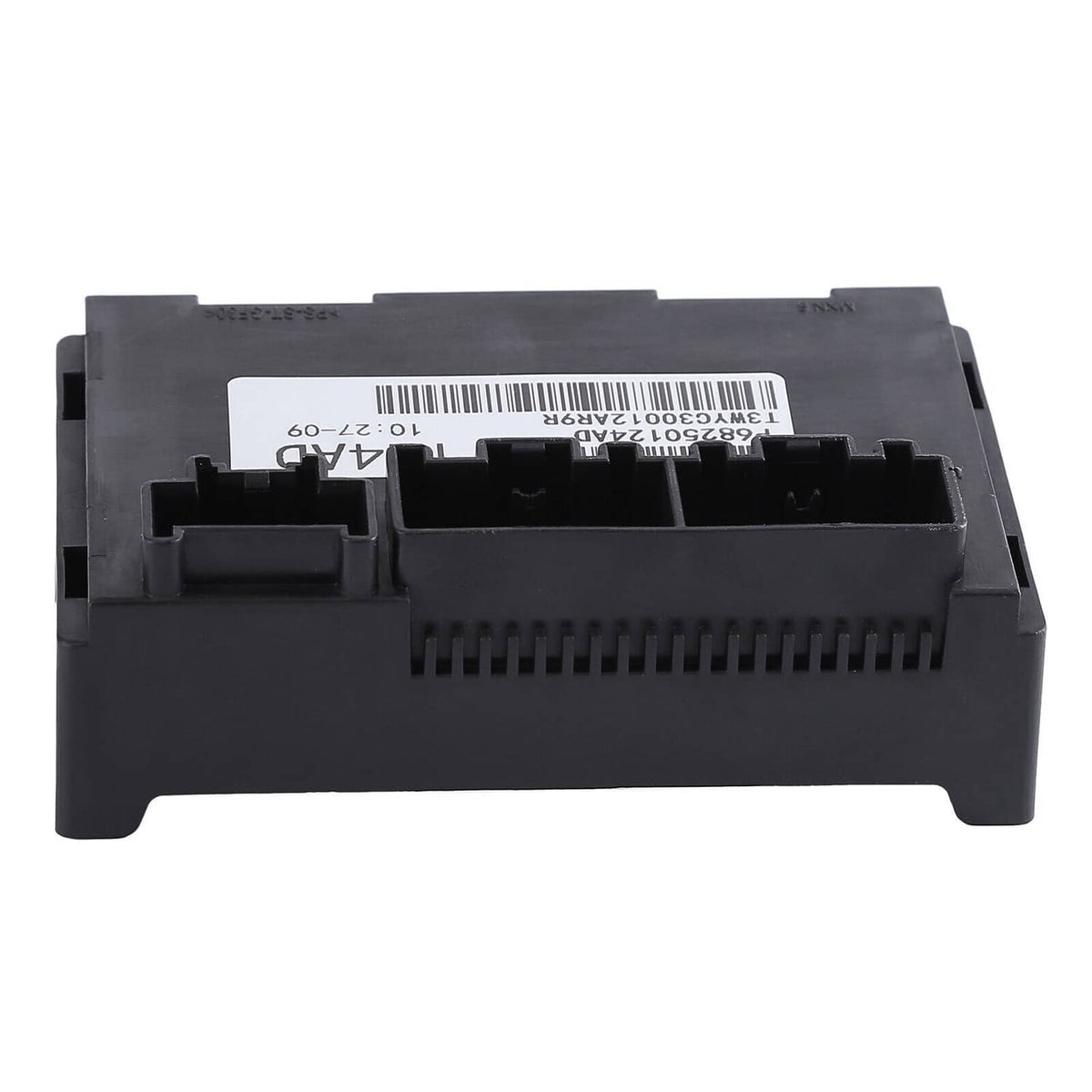 Transfer case control module side view with barcode label and multi-pin connector slots, black