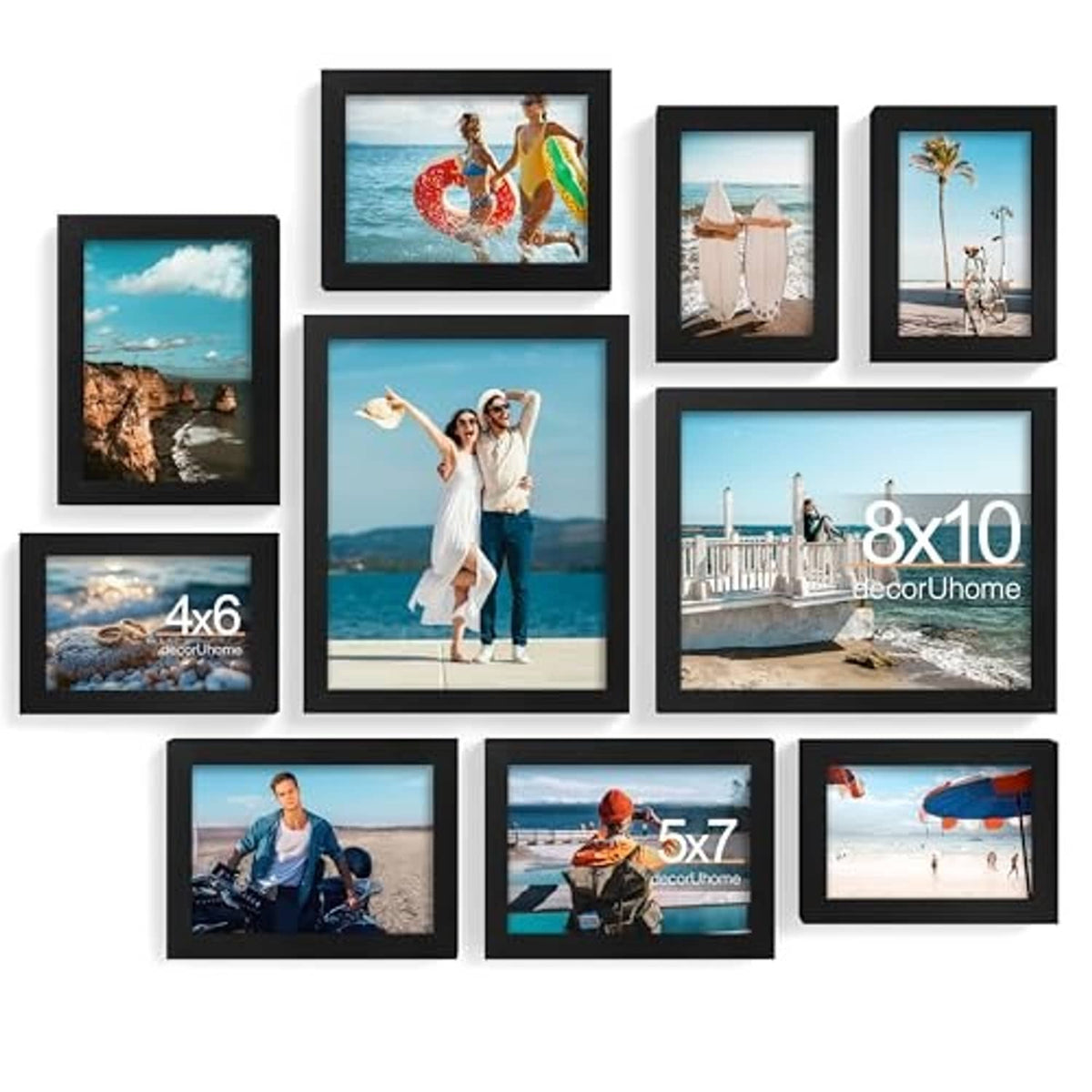 Black picture frame collage wall set with varied photo sizes in a grid